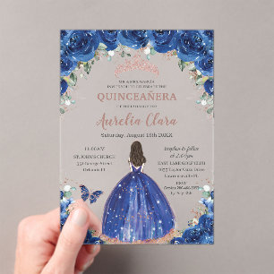 Quinceañera Verjaardag Royal Blue Floral Princess  Acryl Uitnodigingen