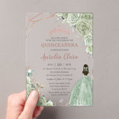 Quinceañera Verjaardag Sage Green Floral Roos Gold Acryl Uitnodigingen (Insitu (Draagbaar))