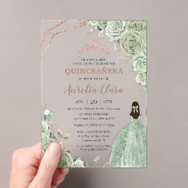 Quinceañera Verjaardag Sage Green Floral Roos Gold Acryl Uitnodigingen