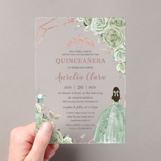 Quinceañera Verjaardag Sage Green Floral Roos Gold Acryl Uitnodigingen (Insitu (Draagbaar))