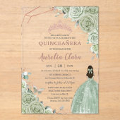 Quinceañera Verjaardag Sage Green Floral Roos Gold Acryl Uitnodigingen (Voorkant)