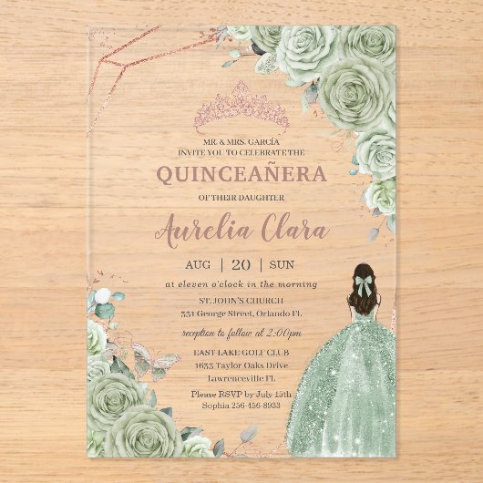 Quinceañera Verjaardag Sage Green Floral Roos Gold Acryl Uitnodigingen (Voorkant)