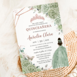 Quinceañera Verjaardag Sage Green Floral Roos Gold Kaart