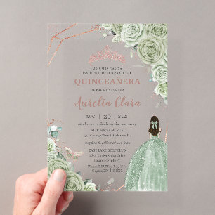 Quinceañera Verjaardag Salie Groen Bloem Roze Goud Acryl Uitnodigingen