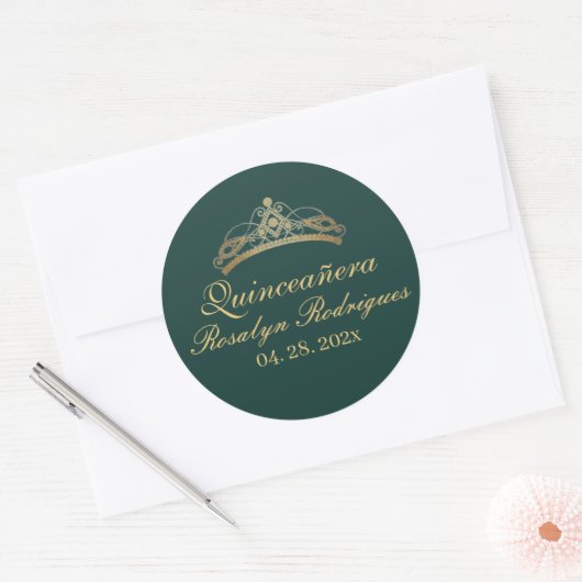 Quinceañera Verjaardag Smaragdgroene Gouden Tiara Ronde Sticker (Envelop)