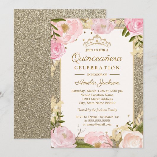 Quinceanera Verjaardag Sparkle Roze Goud Bloemen k Kaart (Voorkant / Achterkant)