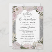 Quinceanera Verjaardag Sparkle Roze Zilver Bloemen Kaart (Voorkant)