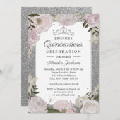 Quinceanera Verjaardag Sparkle Roze Zilver Bloemen Kaart (Voorkant / Achterkant)