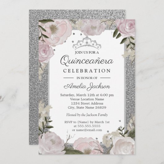 Quinceanera Verjaardag Sparkle Roze Zilver Bloemen Kaart (Voorkant / Achterkant)