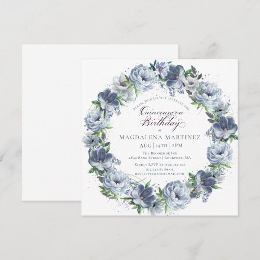 Quinceanera Verjaardag Stoffige Blauwe Bloemkrans Kaart (Voorkant / Achterkant)