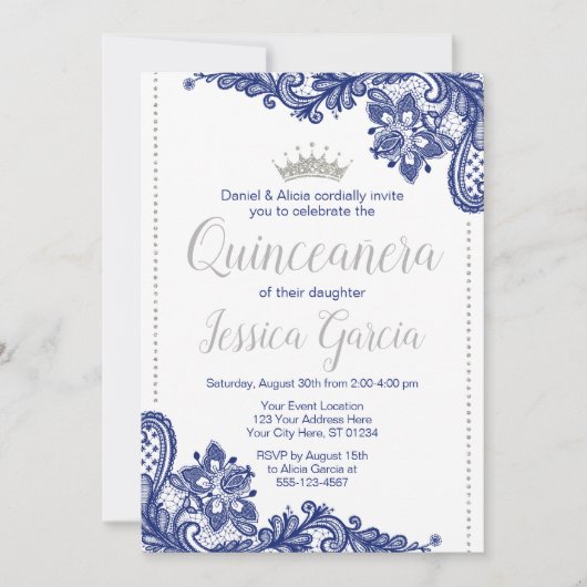 Quinceañera Verjaardag Uitnodiging | Blauw en zilv (Voorkant)