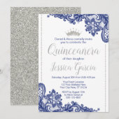 Quinceañera Verjaardag Uitnodiging | Blauw en zilv (Voorkant / Achterkant)