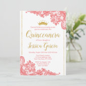 Quinceañera Verjaardag Uitnodiging | Koraal en gou (Staand voorkant)