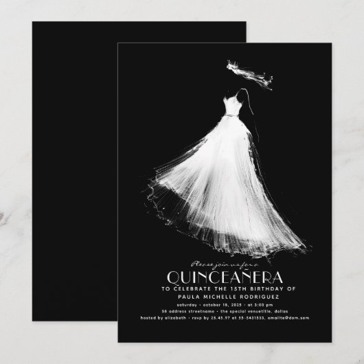 Quinceañera Verjaardag Uitnodiging Zwart (Voorkant / Achterkant)