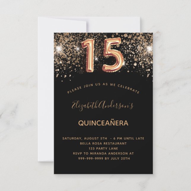 Quinceanera verjaardag zwarte goudglitter (Voorkant)