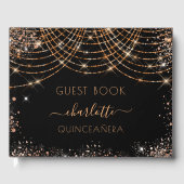 Quinceanera verjaardag zwarte goudglitter gastenboek (Voorkant)