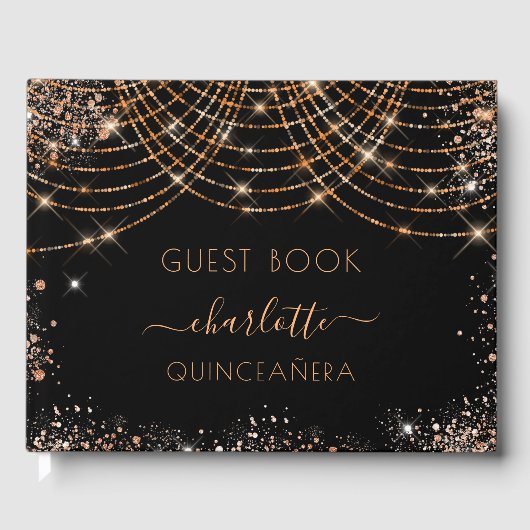 Quinceanera verjaardag zwarte goudglitter gastenboek (Voorkant)