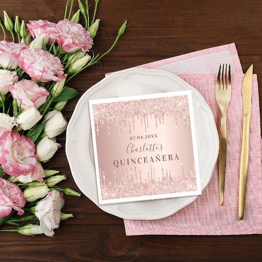 Quinceanera verjaardagscourant roos goud glitter m servet