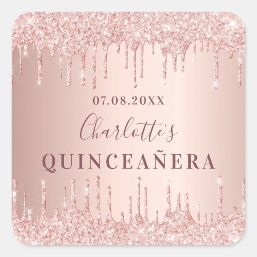 Quinceanera verjaardagscourant roos goud glitter m vierkante sticker (Voorkant)
