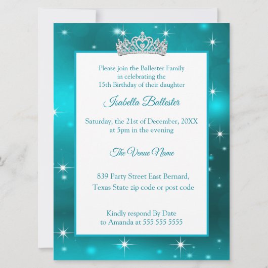 Quinceanera Verjaardagsfeest Blauwgroen Zilveren J Kaart (Achterkant)