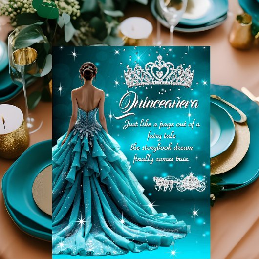 Quinceanera Verjaardagsfeest Blauwgroen Zilveren K Kaart