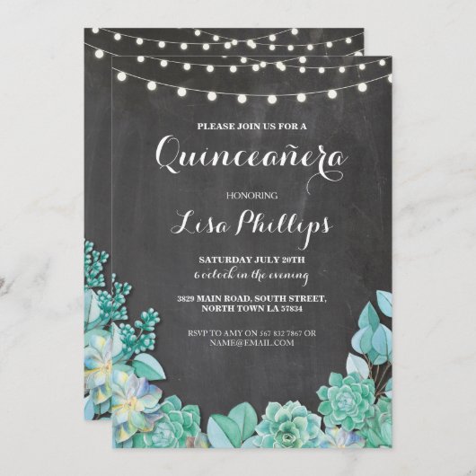 Quinceanera Verjaardagsfeest Chalk Succulenten Uit Kaart (Voorkant / Achterkant)