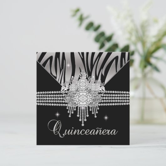 Quinceanera Verjaardagsfeest Diamond Black Zebra Kaart (Staand voorkant)