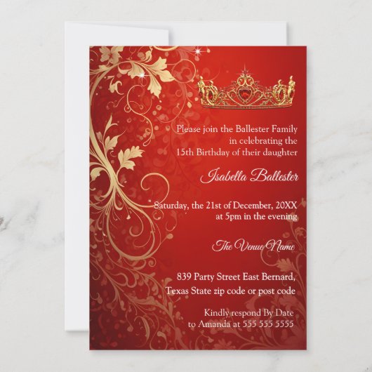 Quinceanera Verjaardagsfeest Exotisch Rood Goud Ju Kaart (Achterkant)