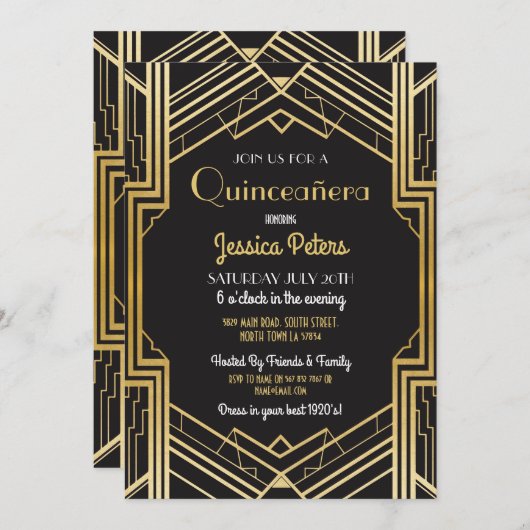 Quinceañera Verjaardagsfeest Gatsby Art Deco Uitno Kaart (Voorkant / Achterkant)