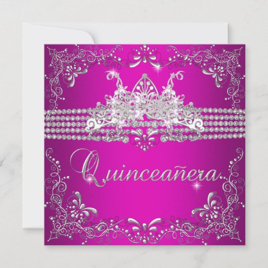 Quinceanera Verjaardagsfeest Hot Pink Zilveren Tia Kaart (Voorkant)
