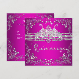 Quinceanera Verjaardagsfeest Hot Roze Zilveren Tia Kaart