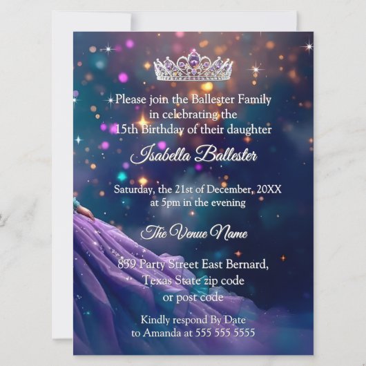 Quinceanera verjaardagsfeest Paarse Blauwgroen jur Kaart (Achterkant)