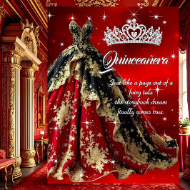 Quinceanera Verjaardagsfeest Rood Goud Zwart Jurk Kaart