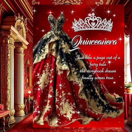 Quinceanera Verjaardagsfeest Rood Goud Zwart Jurk Kaart