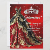 Quinceanera Verjaardagsfeest Rood Goud Zwart Jurk Kaart (Voorkant)