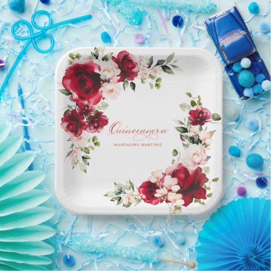 Quinceanera Verjaardagsfeest Rood Roze Bloemen Cus Papieren Bordje (Feest)
