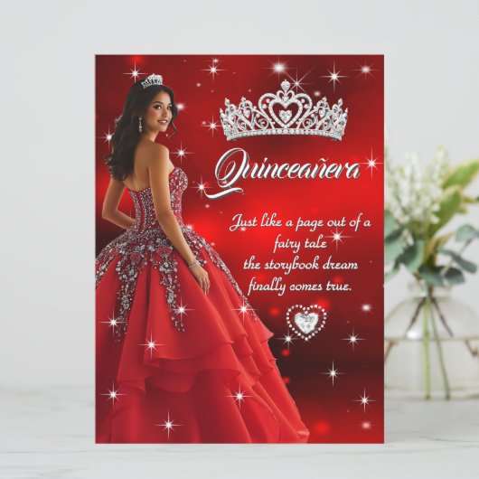 Quinceanera Verjaardagsfeest Rood Zilveren Jurk Ti Kaart (Staand voorkant)