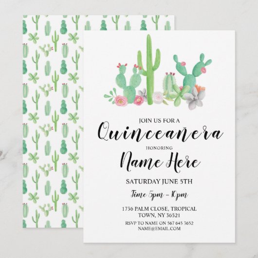 Quinceañera verjaardagsfeestje Cactus Cacti Uitnod Kaart (Voorkant / Achterkant)