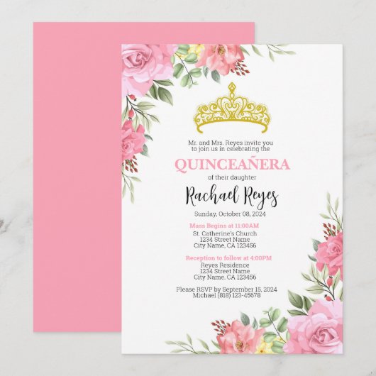 Quinceañera Verjaardagsuitnodiging Sjabloon Kaart (Voorkant / Achterkant)