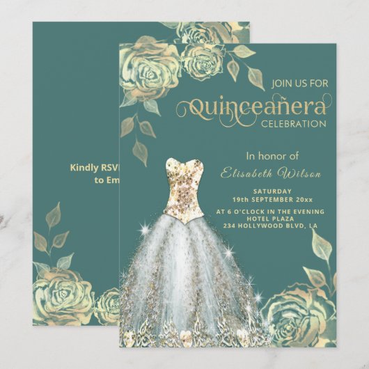 Quinceañera verkleint goudsequenties met goudkleur kaart (Voorkant / Achterkant)