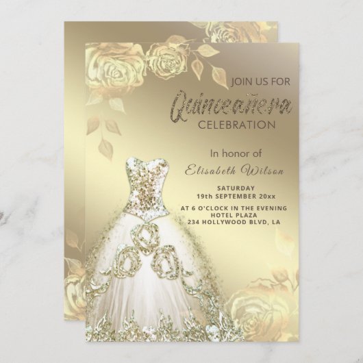 Quinceañera verkleint goudsequenties met goudkleur kaart (Voorkant / Achterkant)