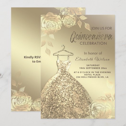 Quinceañera verkleint goudsequenties met goudkleur kaart (Voorkant / Achterkant)