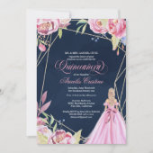 Quinceanera viert roze en marineblauw & gans  kaart (Voorkant)