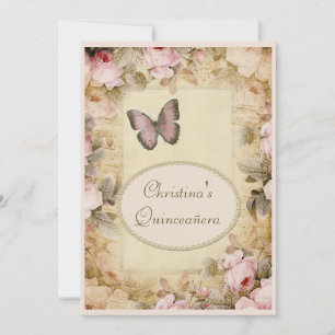 Quinceañera Vintage Rozen Vlinder & Muzieknotities Kaart