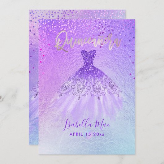 Quinceanera Violet+Blue Gown+Confetti Kaart (Voorkant / Achterkant)