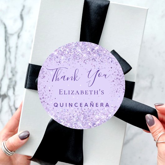 Quinceanera violet glitter name bedankt ronde sticker