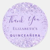 Quinceanera violet glitter name bedankt ronde sticker (Voorkant)