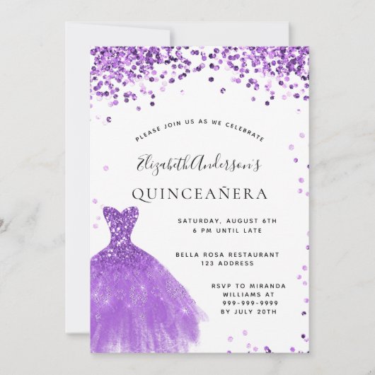 Quinceanera violet wit glitter glanzend glanzend g kaart (Voorkant)