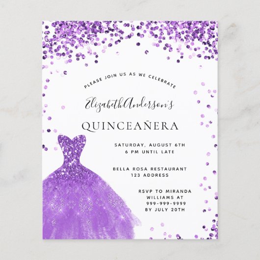 Quinceanera violet wit kledingbudget flyer (Voorkant)