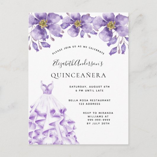 Quinceanera violet wit kleed florelegant briefkaart (Voorkant)